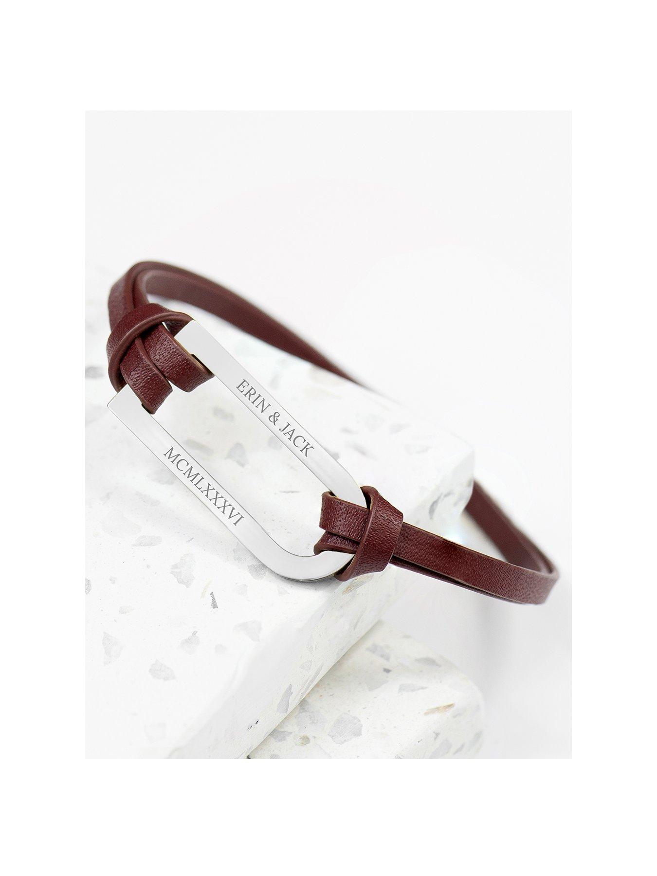undefined Personalised Men's Bar Brown and Silver Leather Bracelet