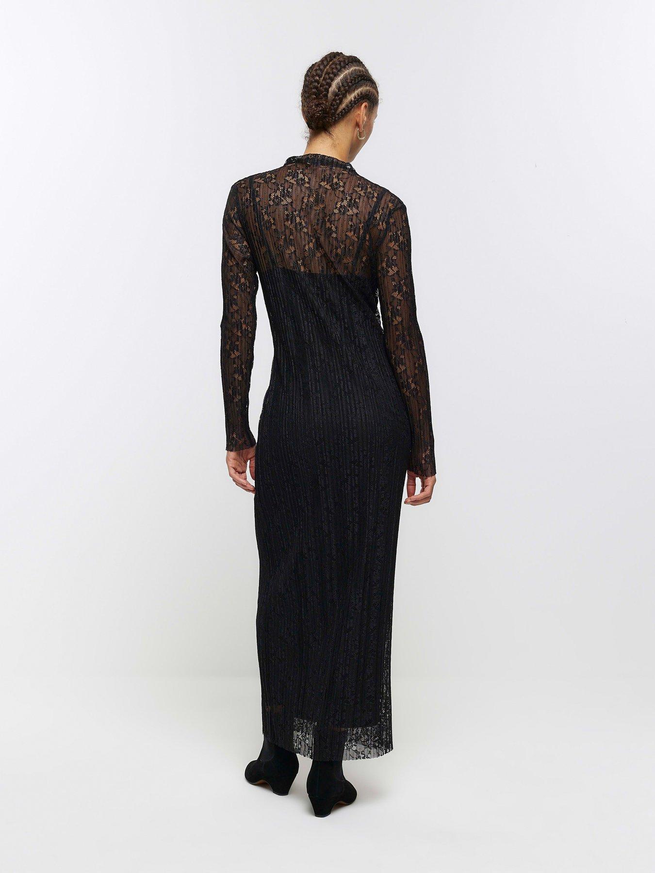 River Island Pleated Lace Midi Dress Black littlewoods