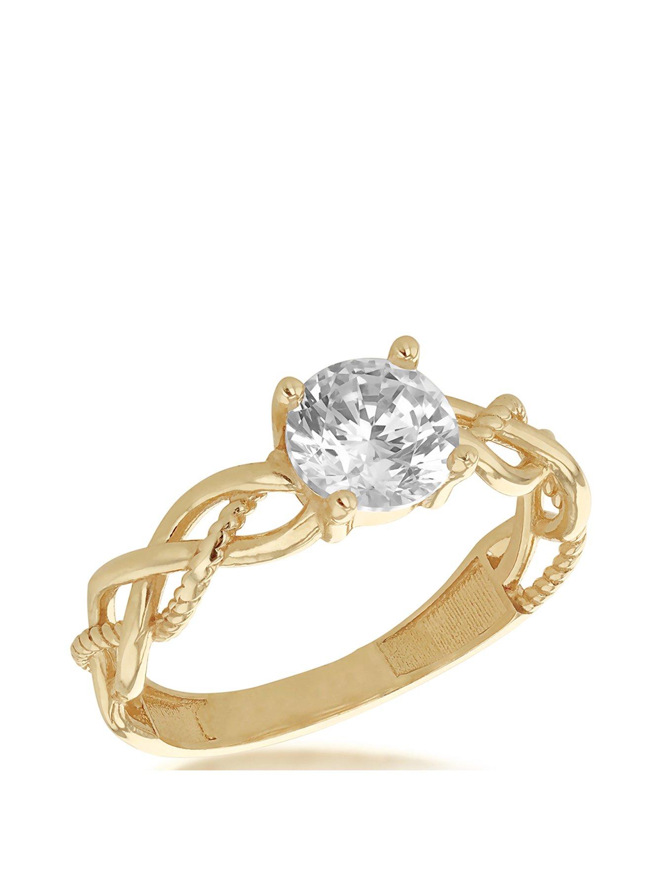 undefined 9ct Yellow Gold 6mm White Round Cut CZ Plaited Solitaire Ring