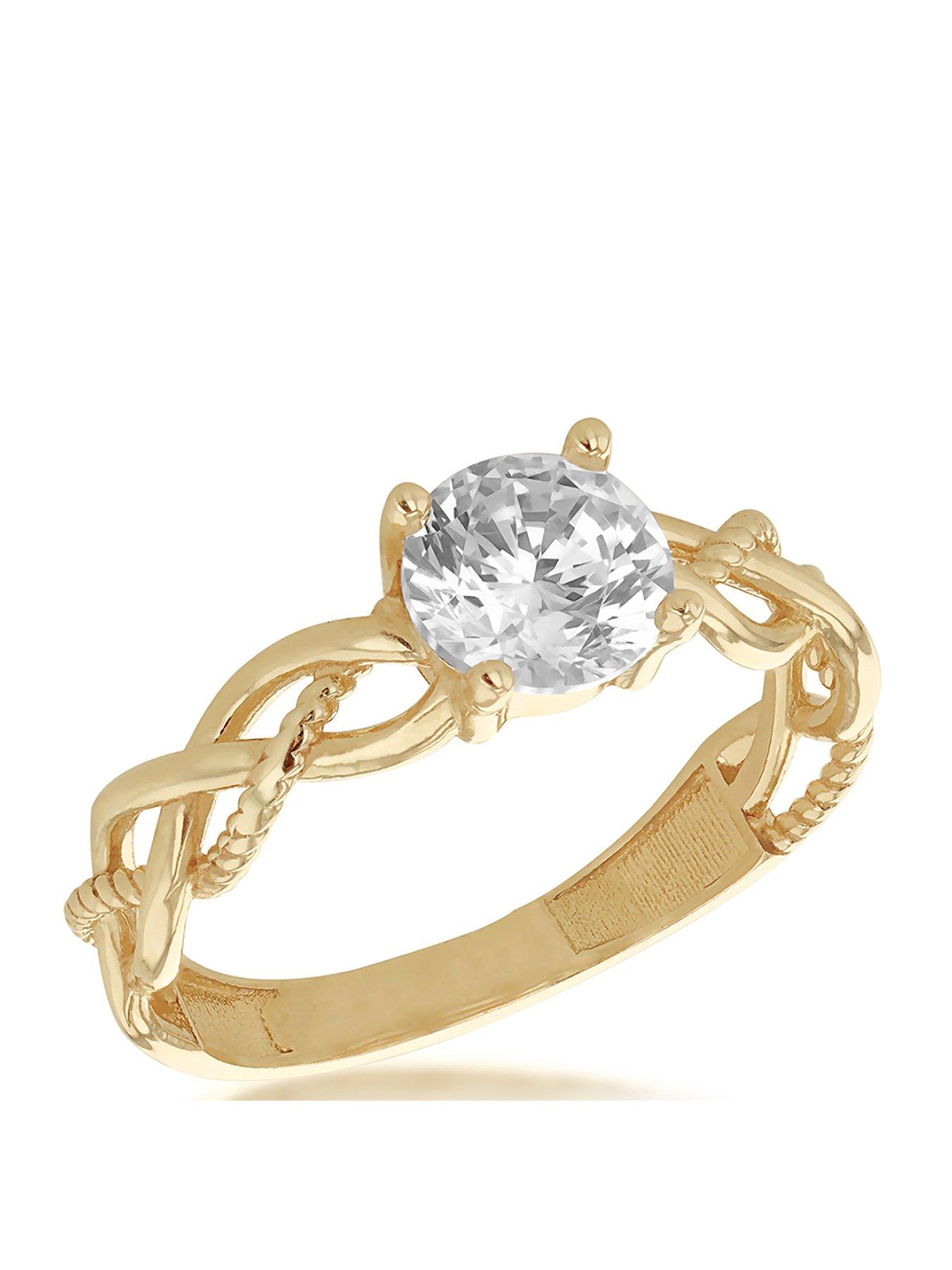The Love Collection 9ct Yellow Gold 6mm White Round Cut CZ Plaited Solitaire Ring