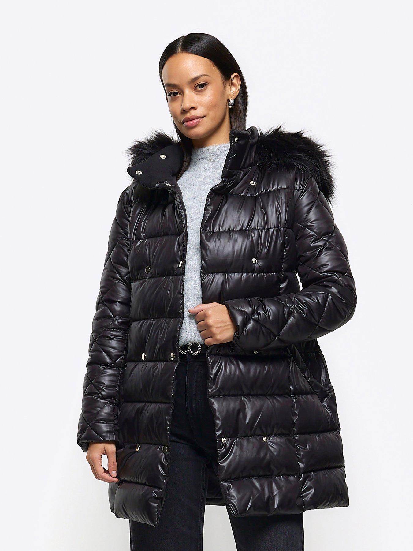 River Island faux fur lined parka jacket in black