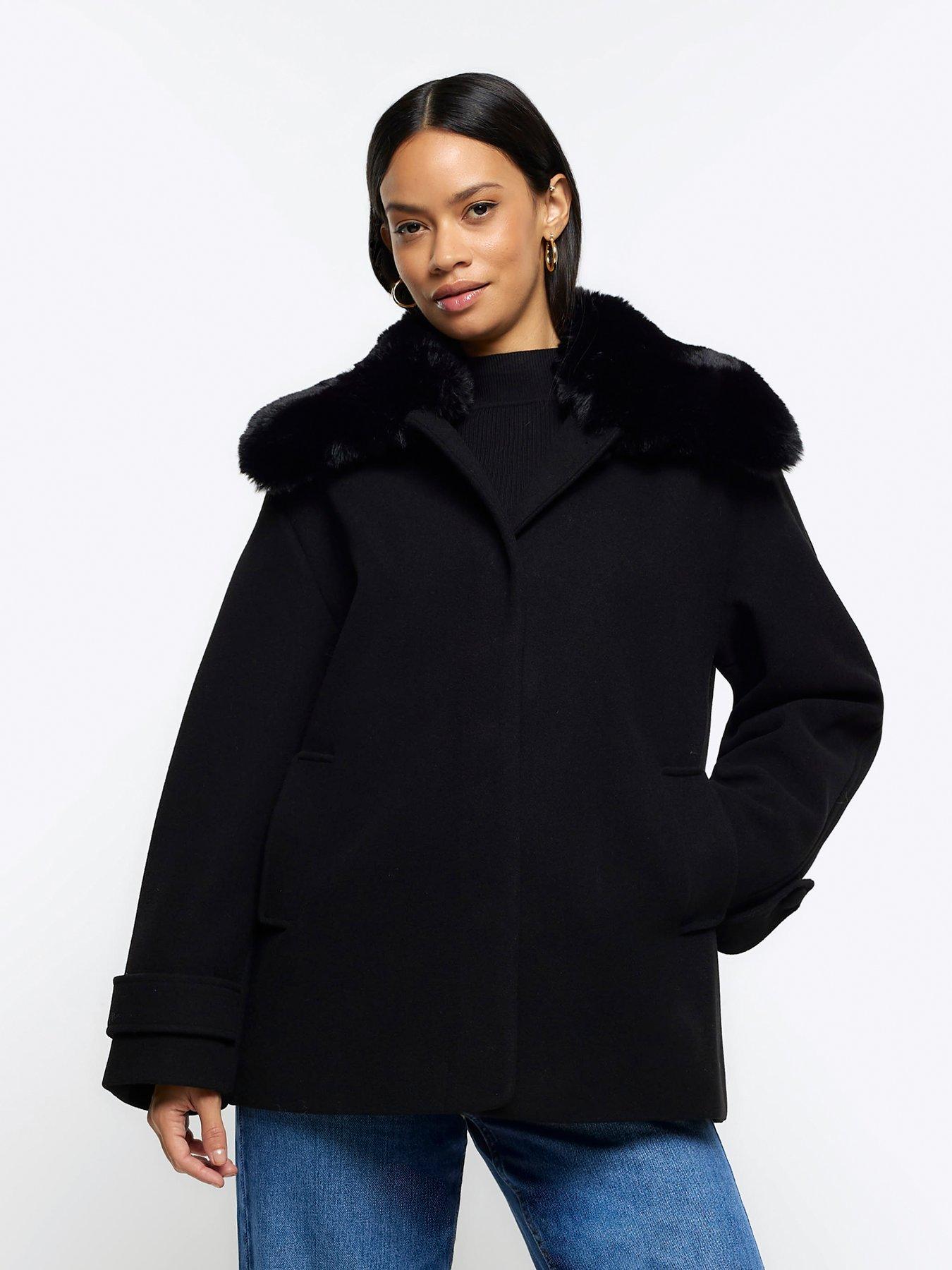 River Island Faux Fur Collar Swing Coat - Black