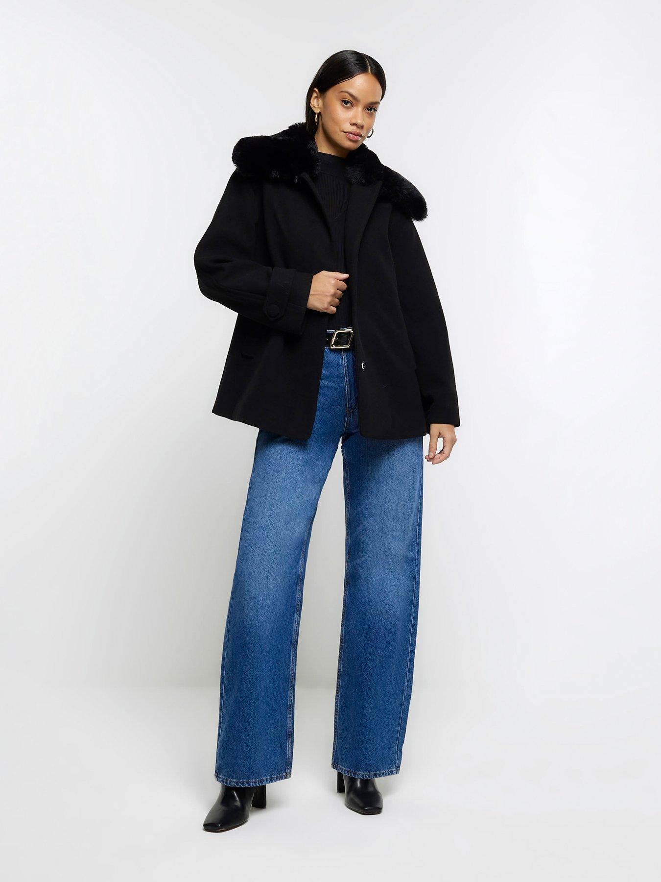 River Island Faux Fur Collar Swing Coat - Black