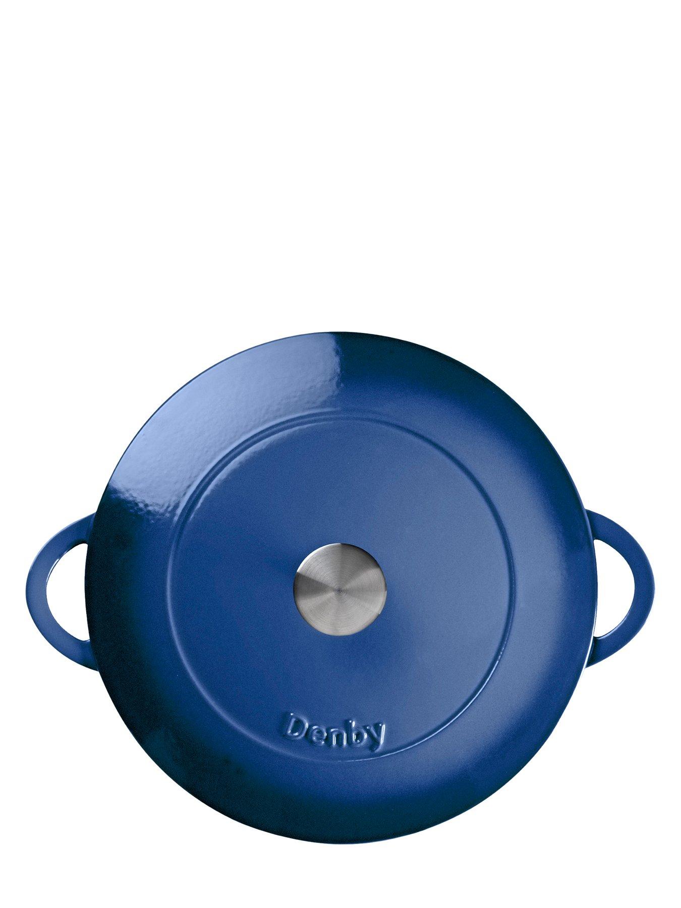 image of denby-round-cast-iron-30-cm-shallow-casserole-pot-in-cobalt-blue