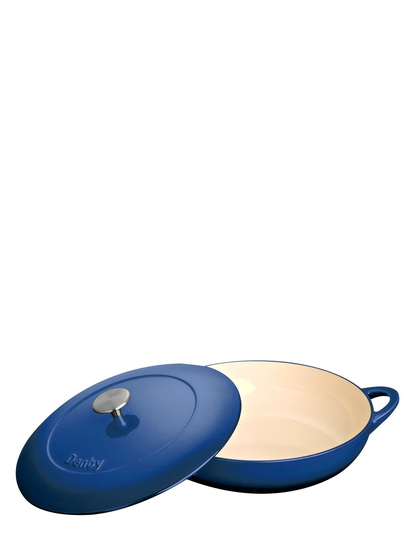  image of denby-round-cast-iron-30-cm-shallow-casserole-pot-in-cobalt-blue