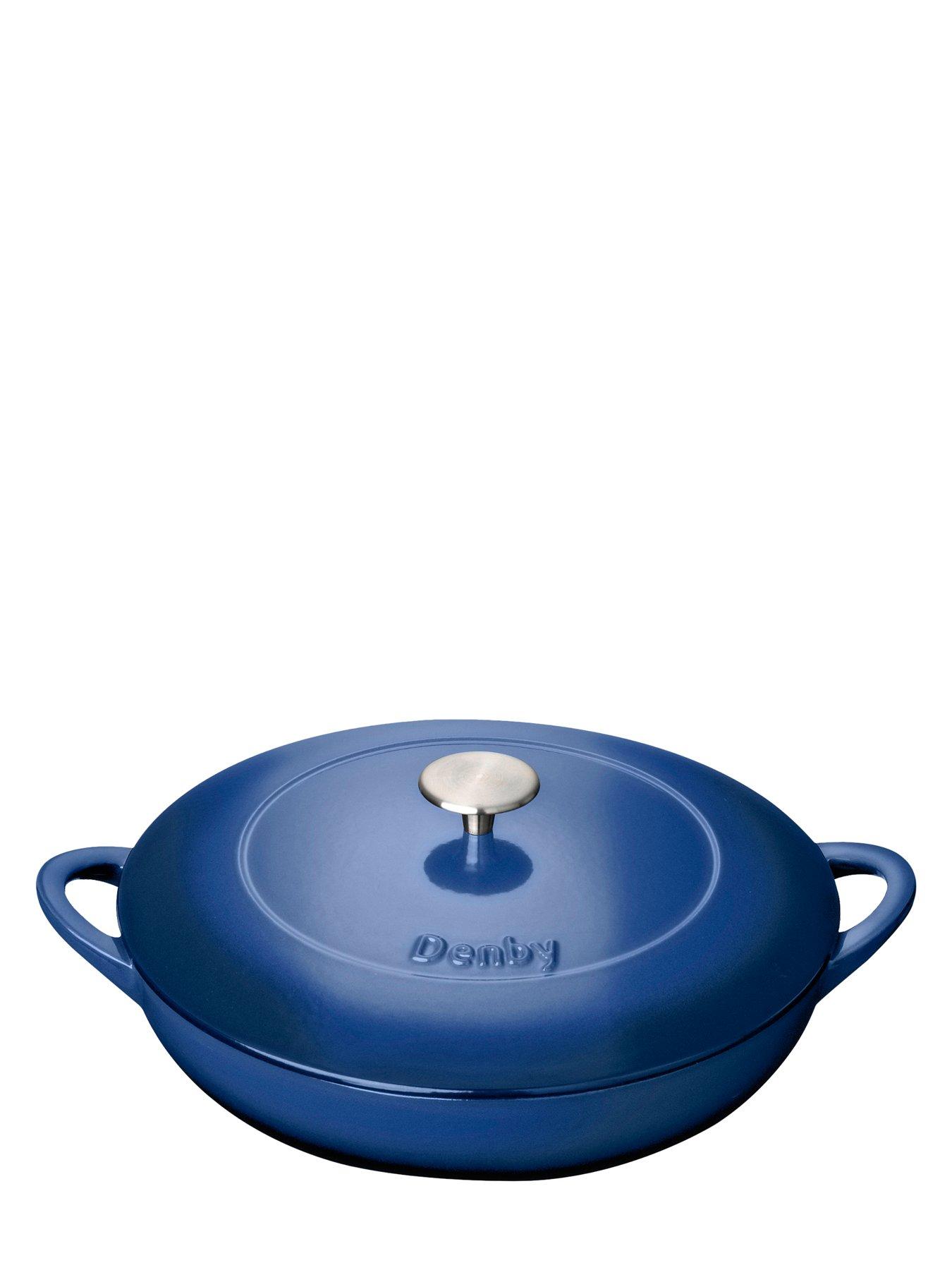  image of denby-round-cast-iron-30-cm-shallow-casserole-pot-in-cobalt-blue