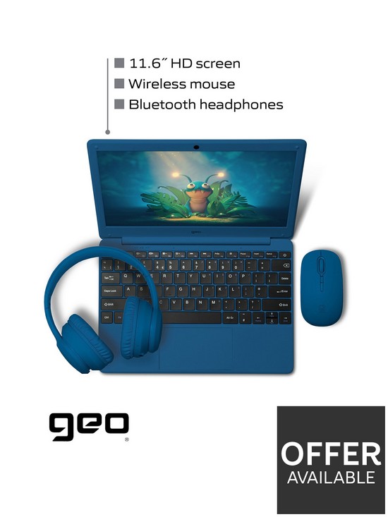 stillFront image of geo-geobook-11-laptop-116in-hd-4gb-ram-128gb-storage-windows-11-blue-with-headset-mouse-and-sleeve-bundle