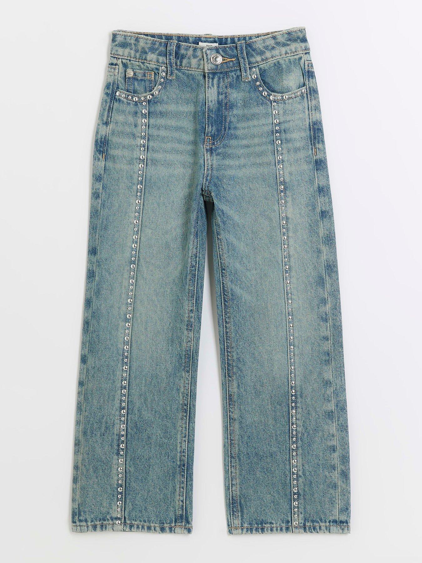 Girls Bright Blue Ripped High Waist Adalae Wide Leg Jeans