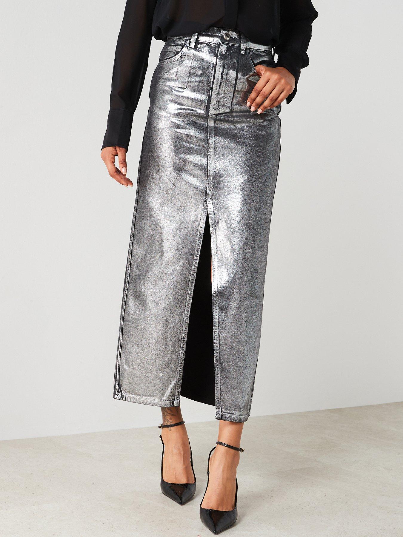 Mango Metallic Split Front Denim Midi Skirt littlewoods