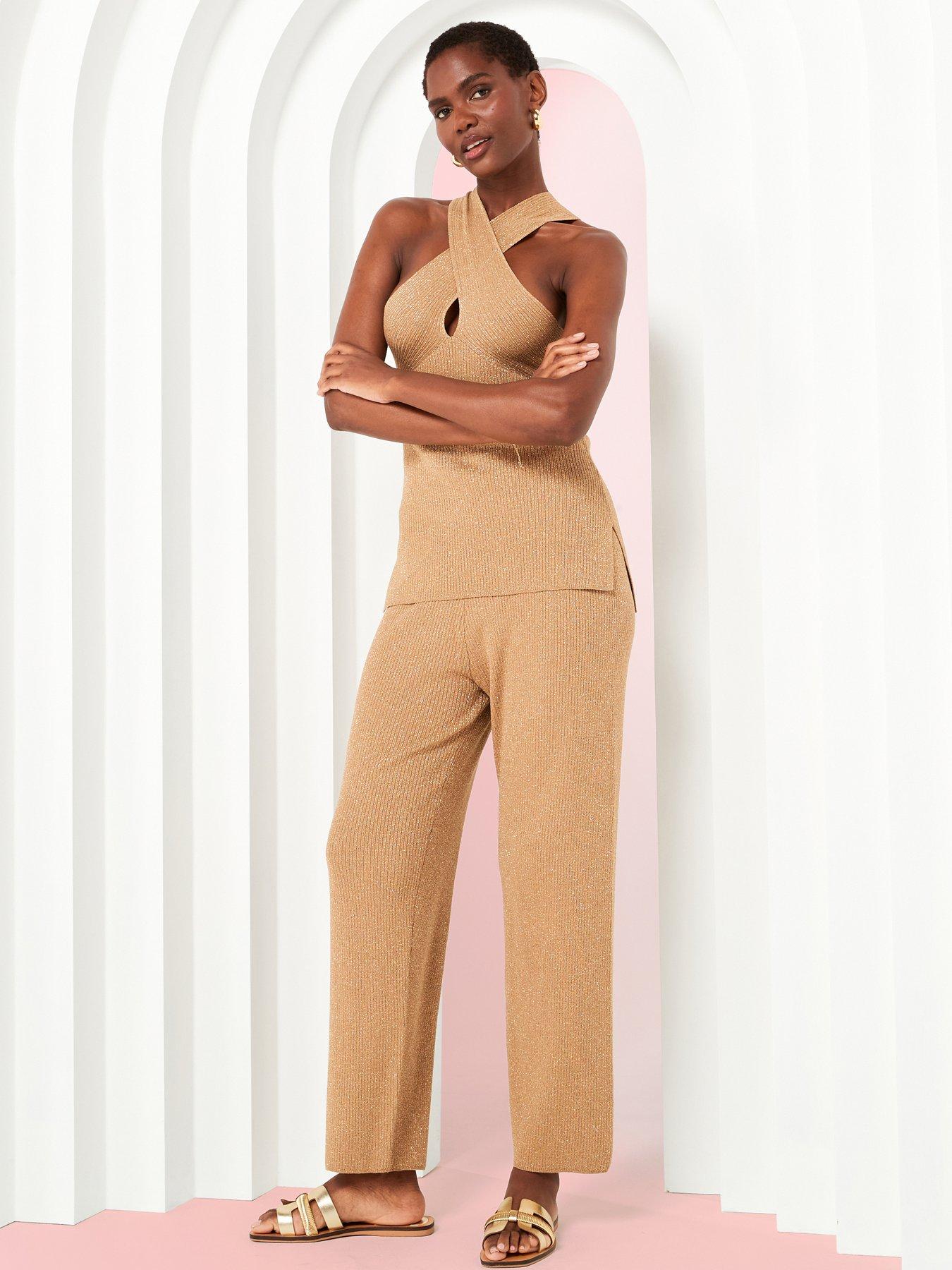 undefined Metallic Knit Cross Front Co-ord Top - Gold