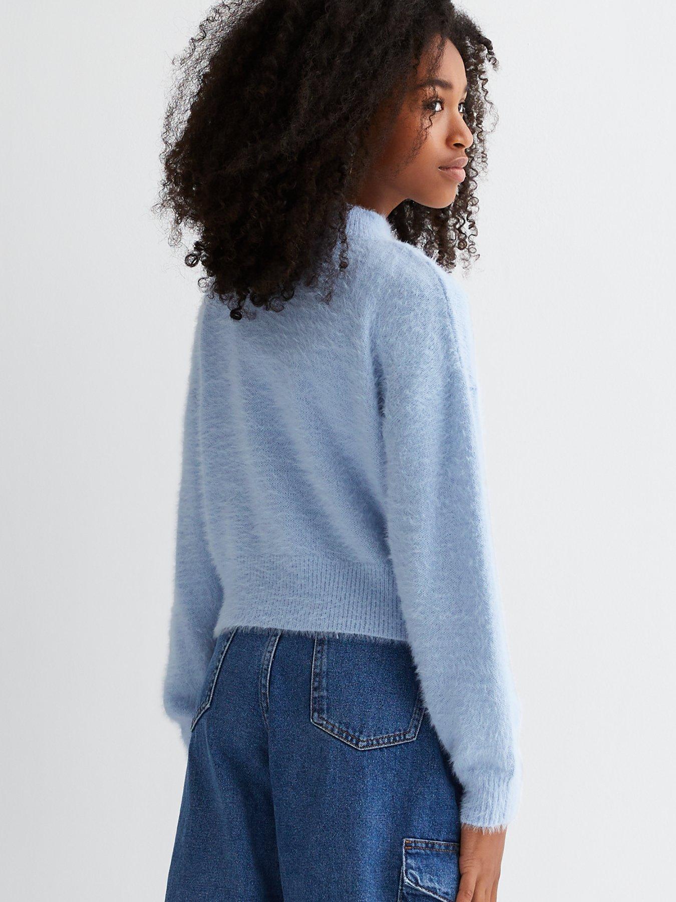 Girls Pale Blue Fluffy Knit High Neck Jumper