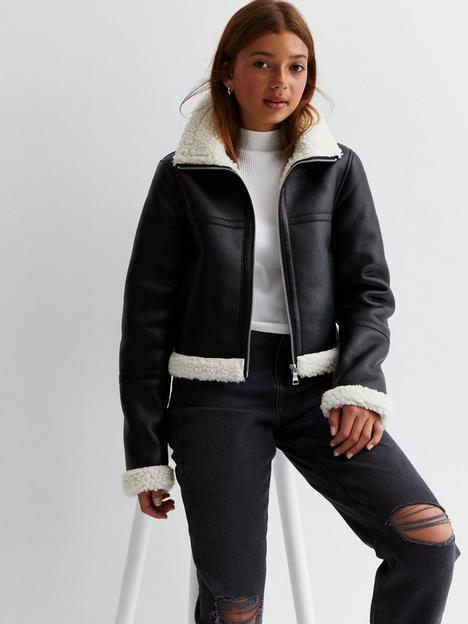 new-look-915-girls-black-leather-look-faux-fur-trim-aviator-jacket