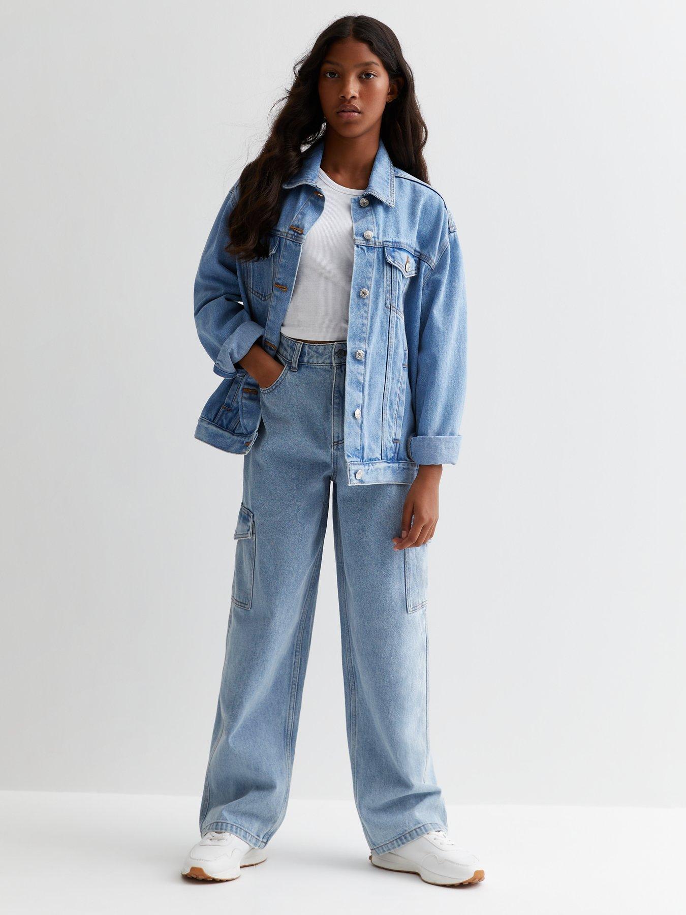 Girls Pale Blue High Waist Ronnie Cargo Jeans