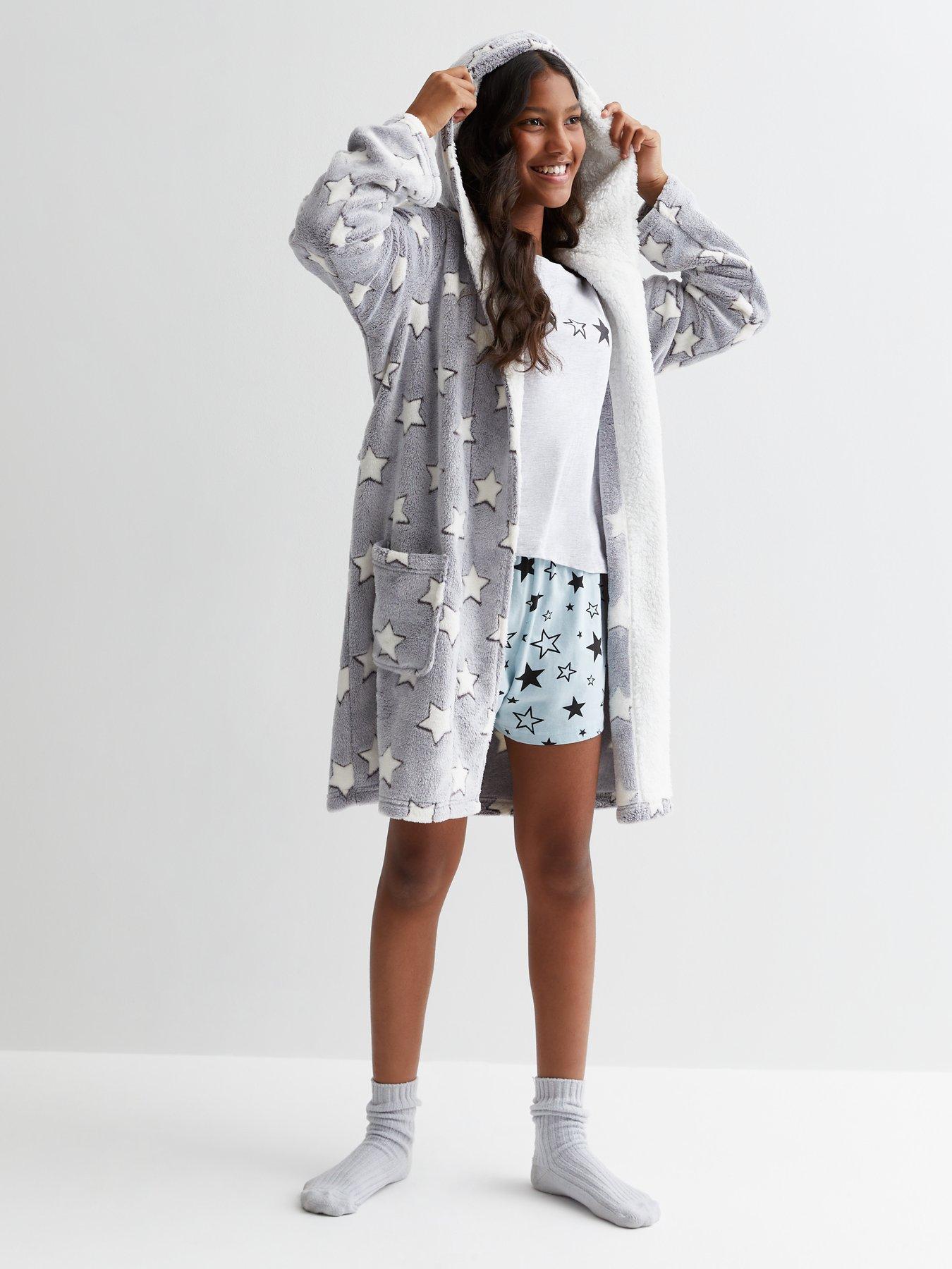 New Look 915 Girls Light Grey Star Print Hooded Dressing Gown