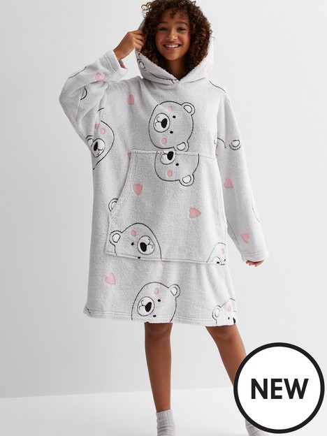 new-look-915-girls-light-grey-polar-bear-print-oversized-blanket-hoodie
