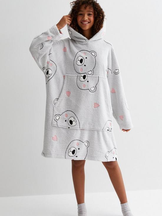 front image of new-look-915-girls-light-grey-polar-bear-print-oversized-blanket-hoodie