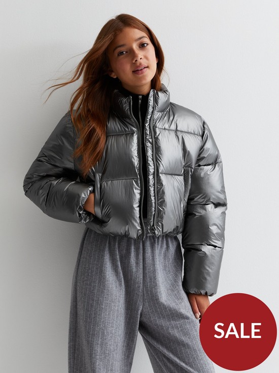 front image of new-look-915-girlsnbspmetallic-crop-padded-jacket-silver
