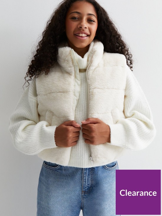 front image of new-look-915-girls-cream-faux-fur-high-neck-gilet