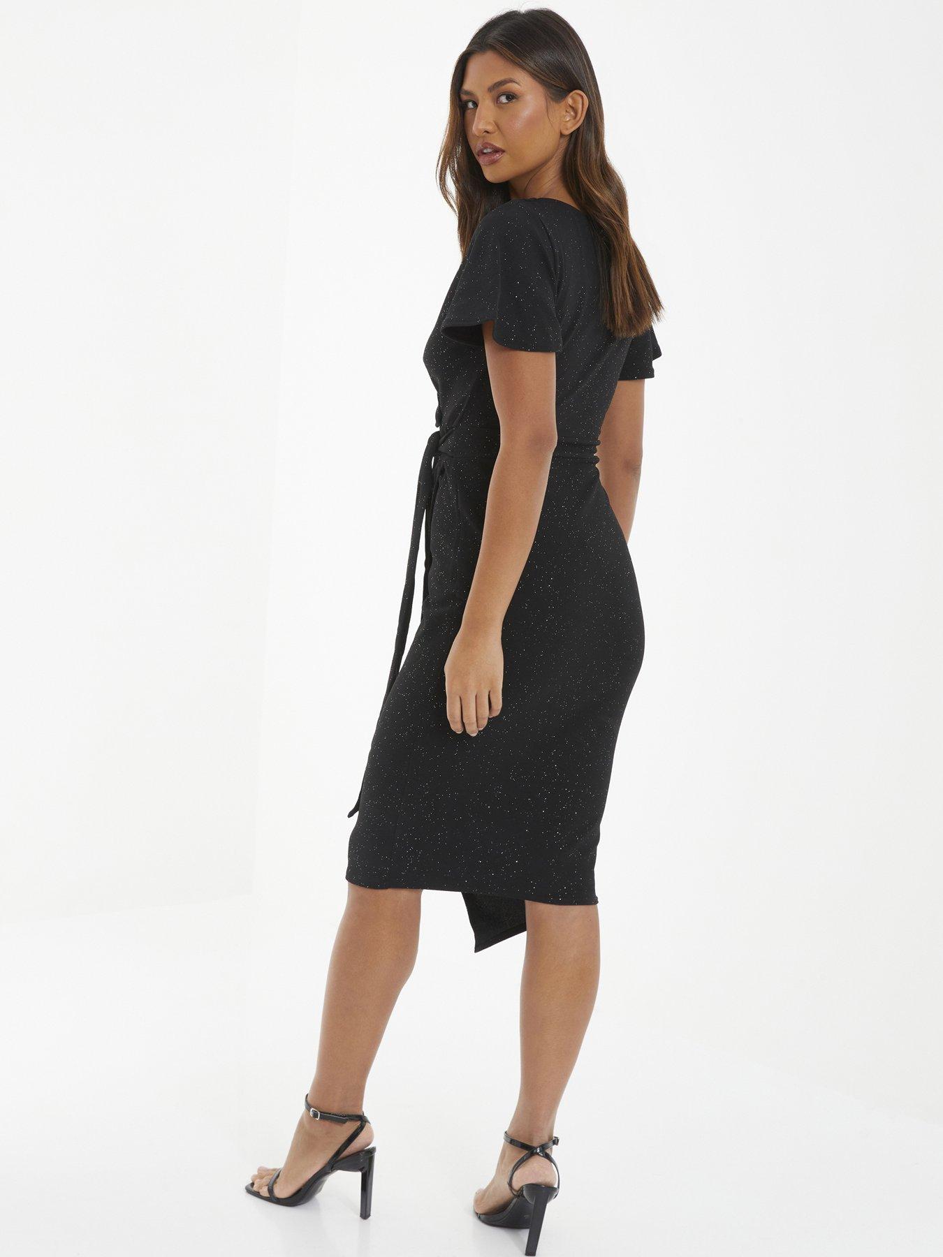 Quiz Black Glitter Ruched Wrap Midi Dress littlewoods