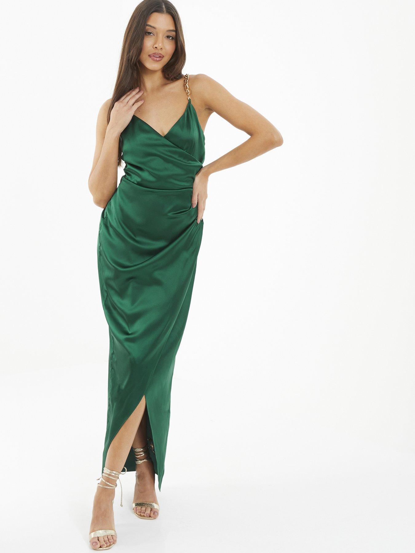 Quiz Bottle Green Satin Wrap Maxi Dress | littlewoods.com