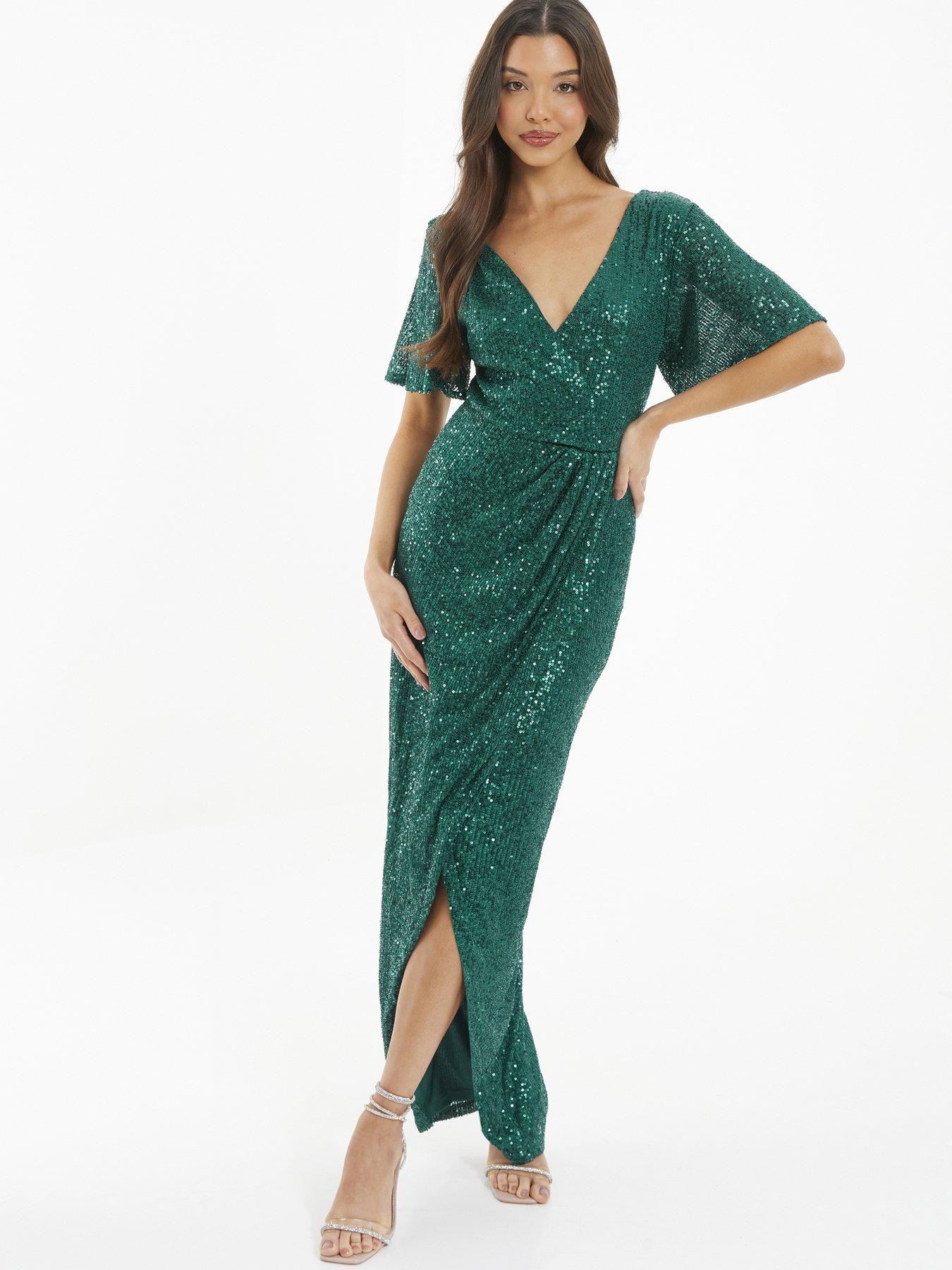 Quiz Bottle Green Sequin Wrap Maxi Dress | littlewoods.com