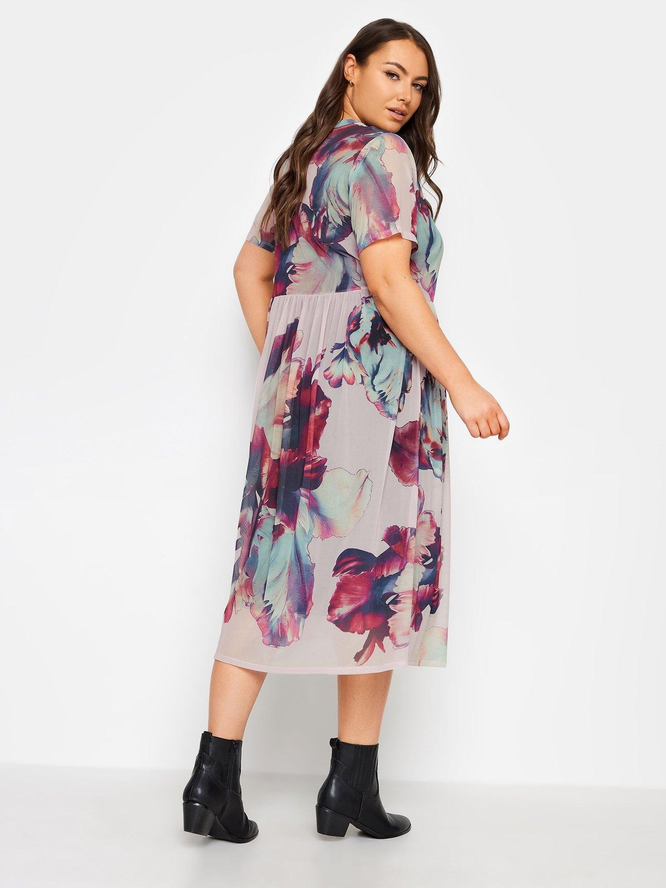 Yours Floral Print Double Layered Mesh Smock Dress