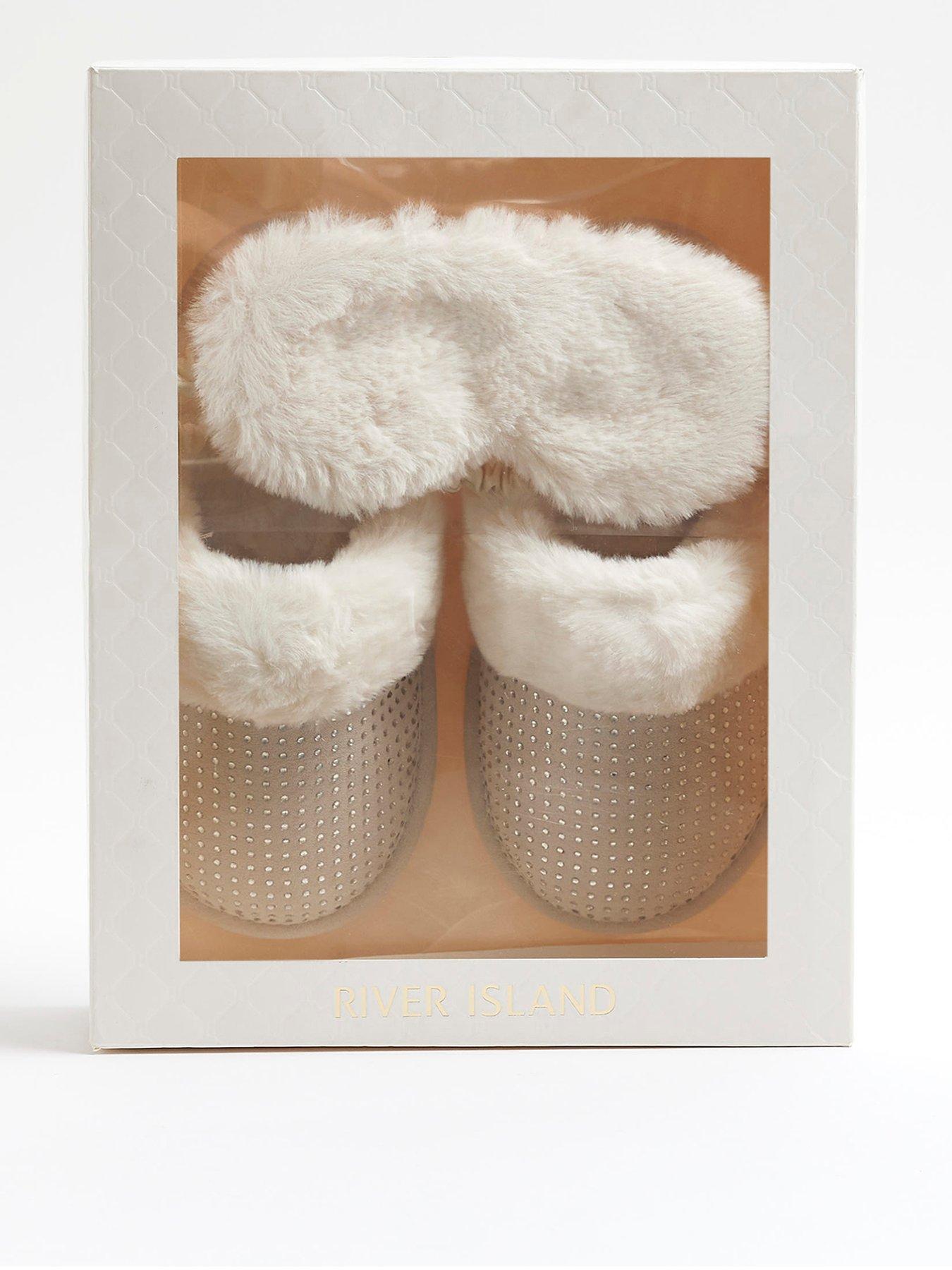 River Island Girls Diamante Slippers Gift Set Beige