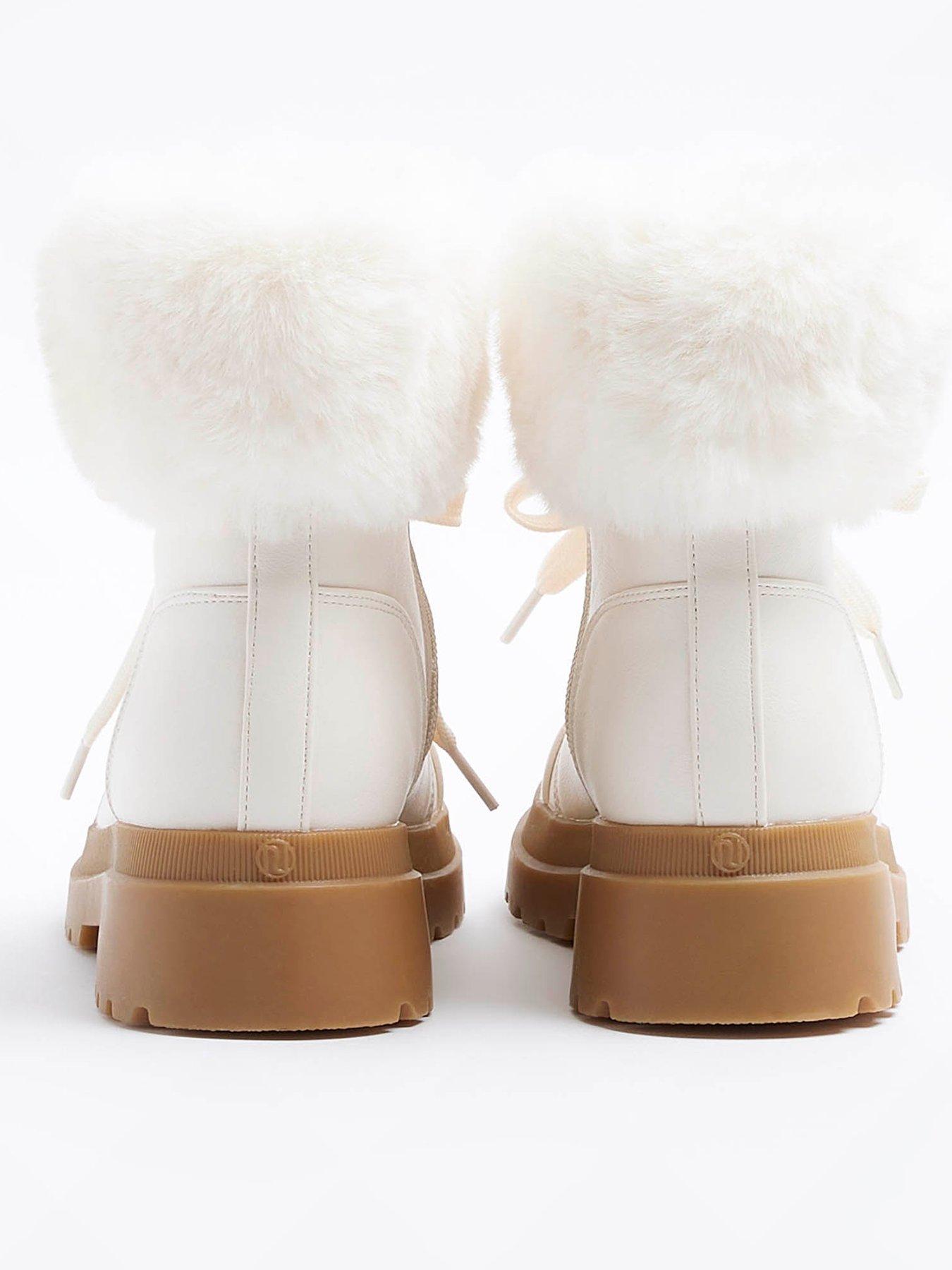 River Island Girls Wide Fit Faux Fur Hiker Boots Cream