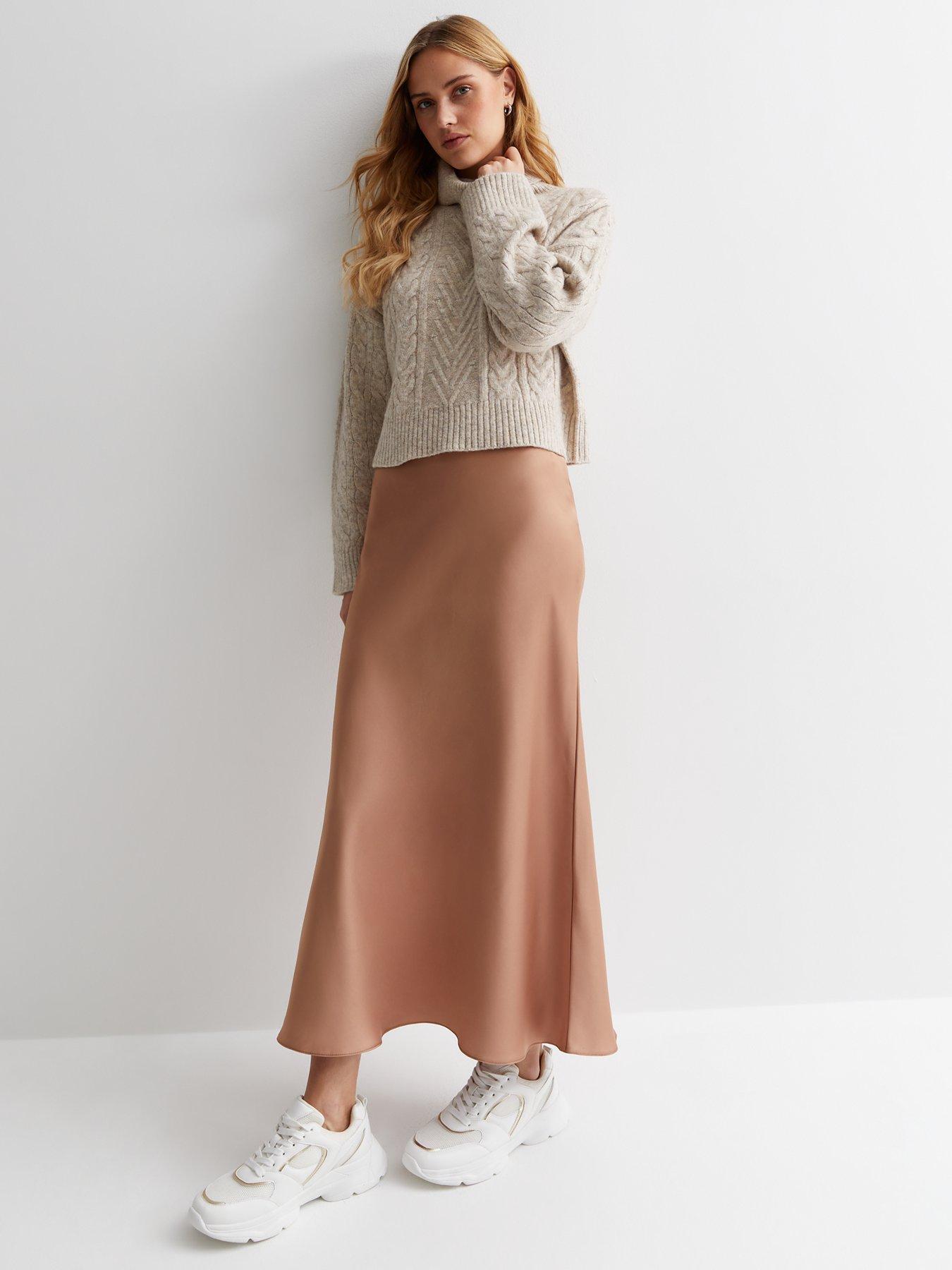 Camel Satin Bias Cut Midaxi Skirt