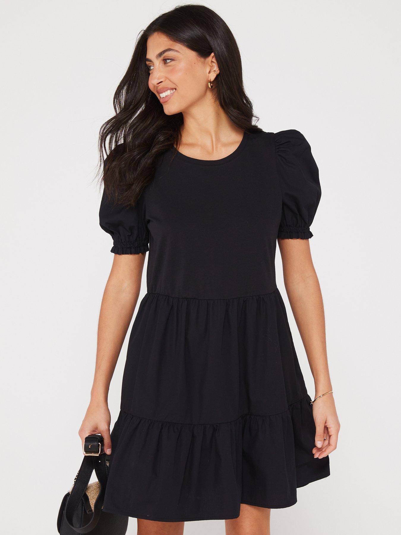 undefined Tiered Short Sleeve Mini Dress - Black