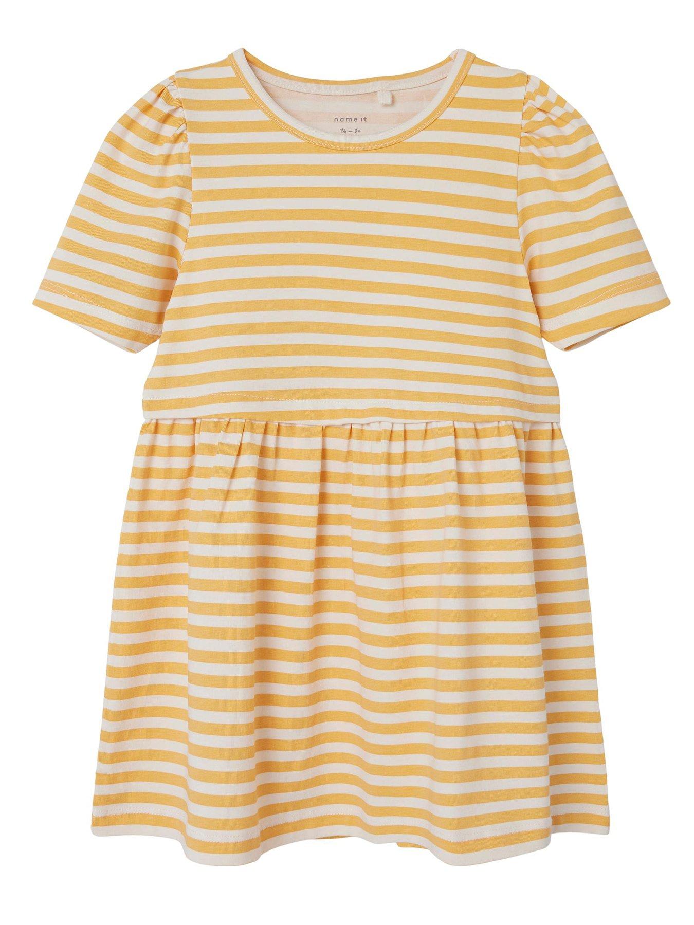 Image 1 of 4 of Name It Mini Girls Striped Short Sleeve Dress - Pale Marigold