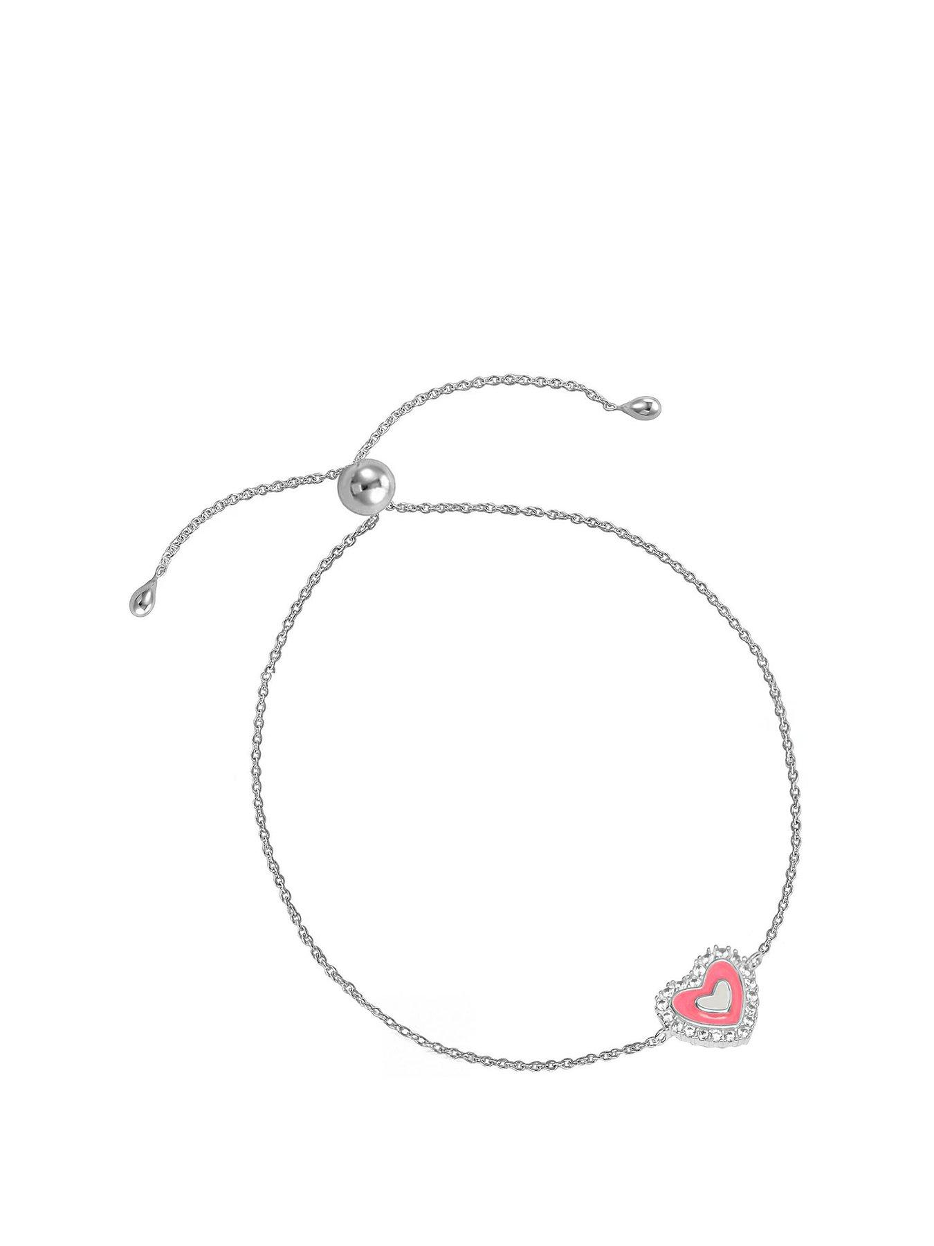 undefined Sterling Silver Pink Enamel Heart Cubic Zirconia Bracelet