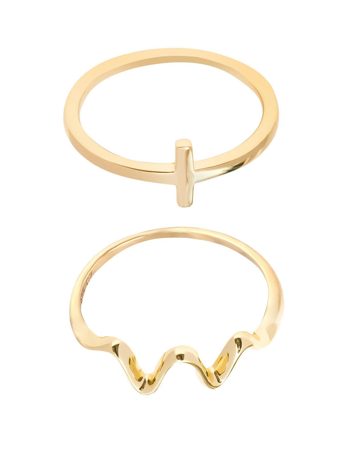 The Love Collection 18ct Gold Plated Sterling Silver Cross Bar and Wave Stacking Ring Set
