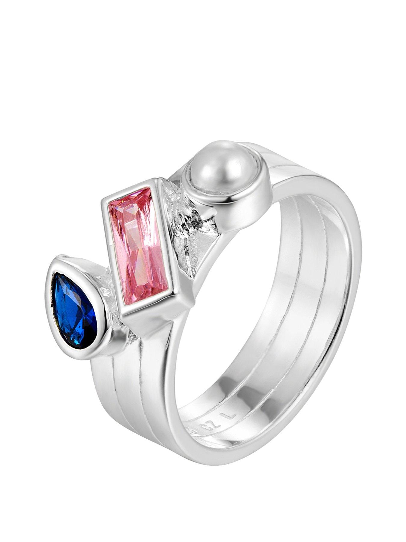 undefined Sterling Silver London Blue, Aquamarine and Pearl Stacked Style Ring