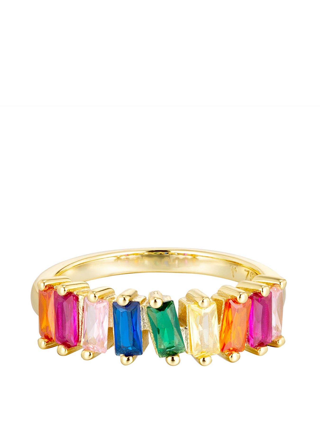 Image 2 of 3 of The Love Collection 18ct Gold Plated Sterling Silver Baguette Multicoloured CZ Stones Ring