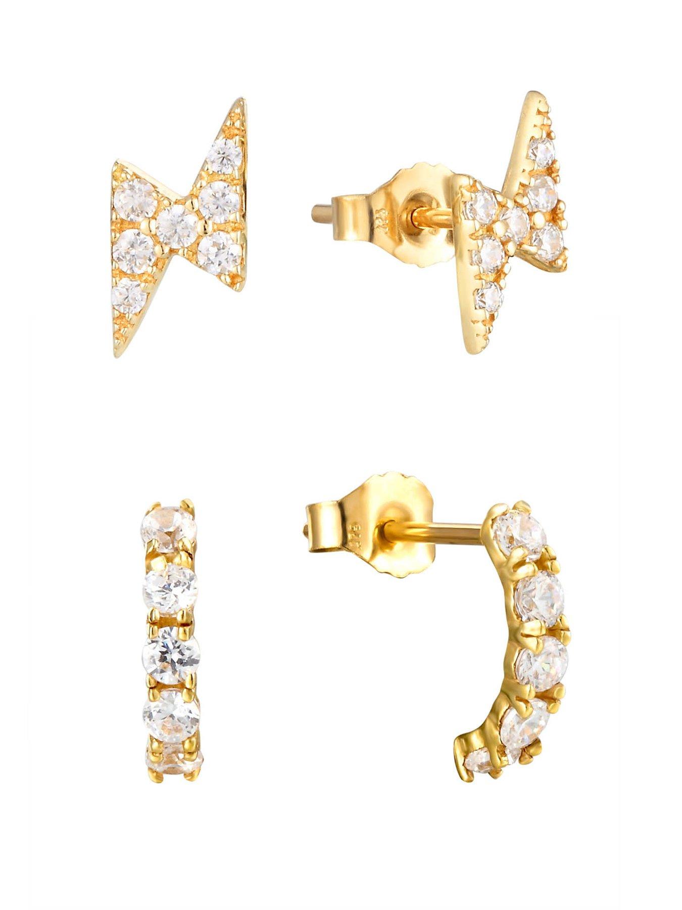 the-love-collection-9ct-gold-set-of-two-cz-lighting-bolt-and-half-hoop-stacking-earrings