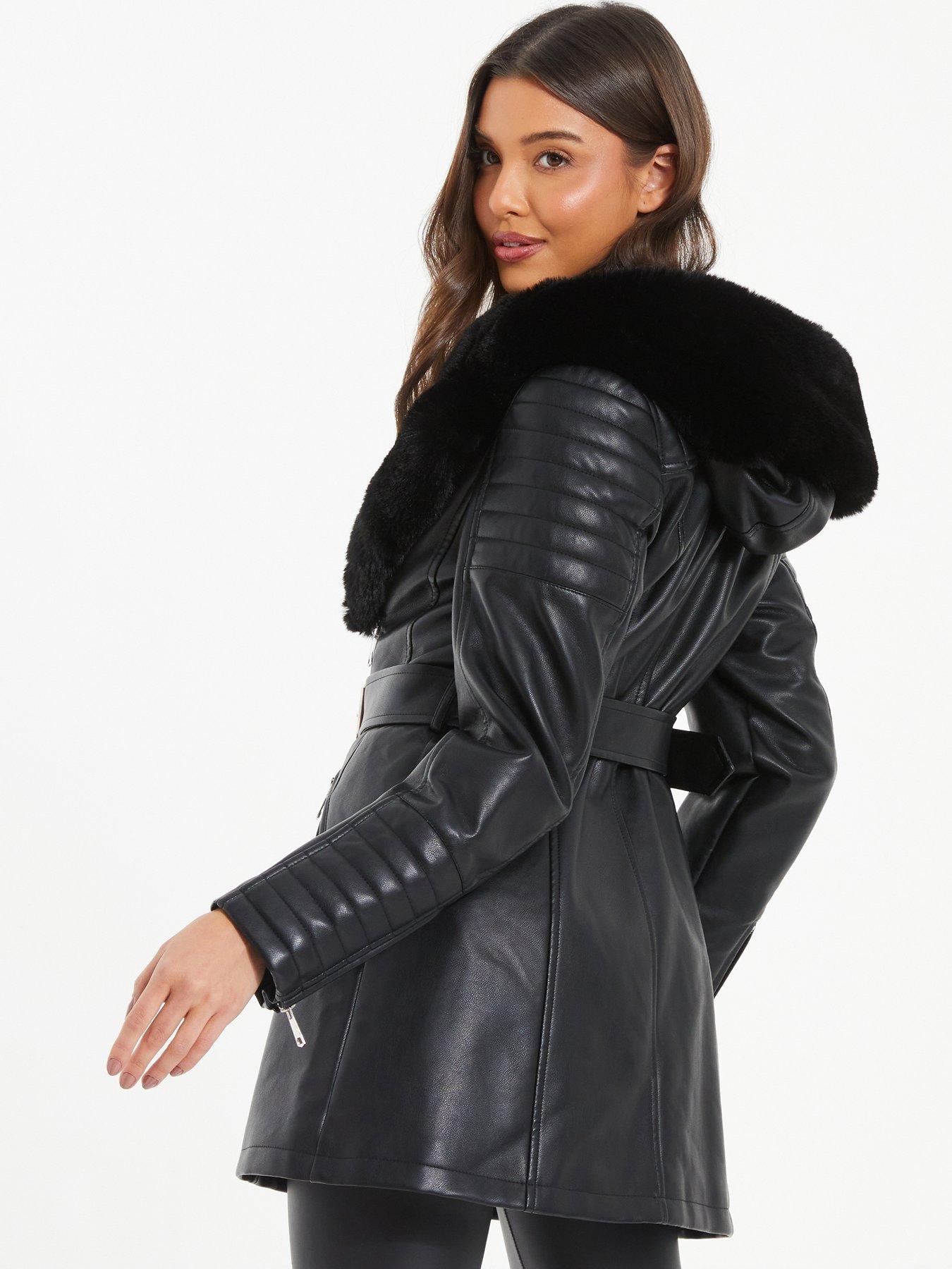 Black Faux Fur Trim Belted Jacket