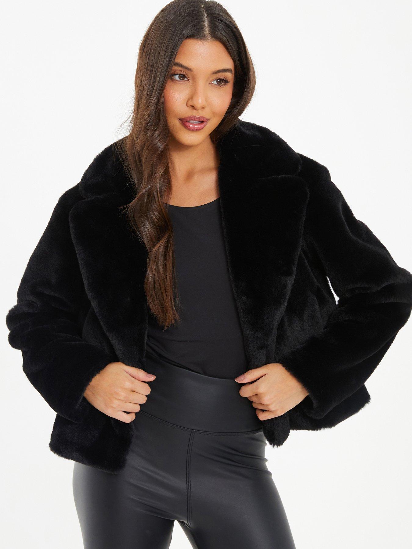 Quiz Black Short Faux Fur Collar Jacket littlewoods