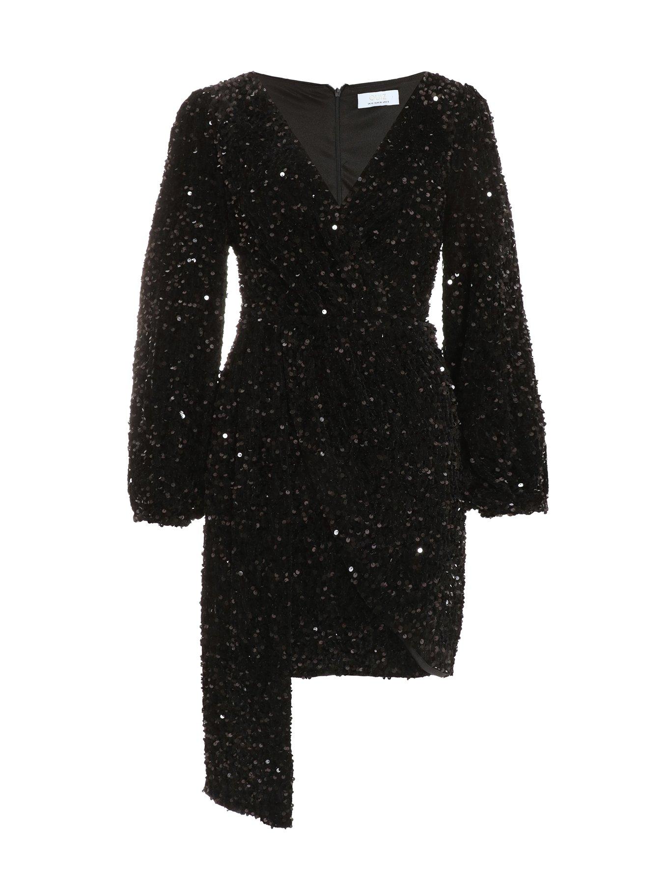  image of quiz-sequin-long-sleeve-mini-dress-black