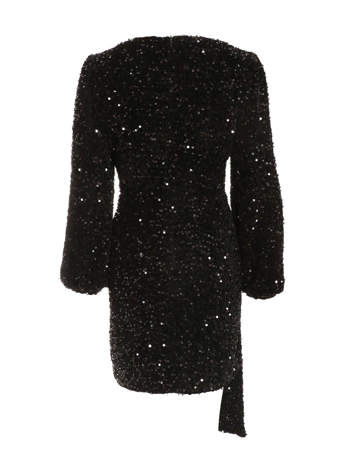  image of quiz-sequin-long-sleeve-mini-dress-black