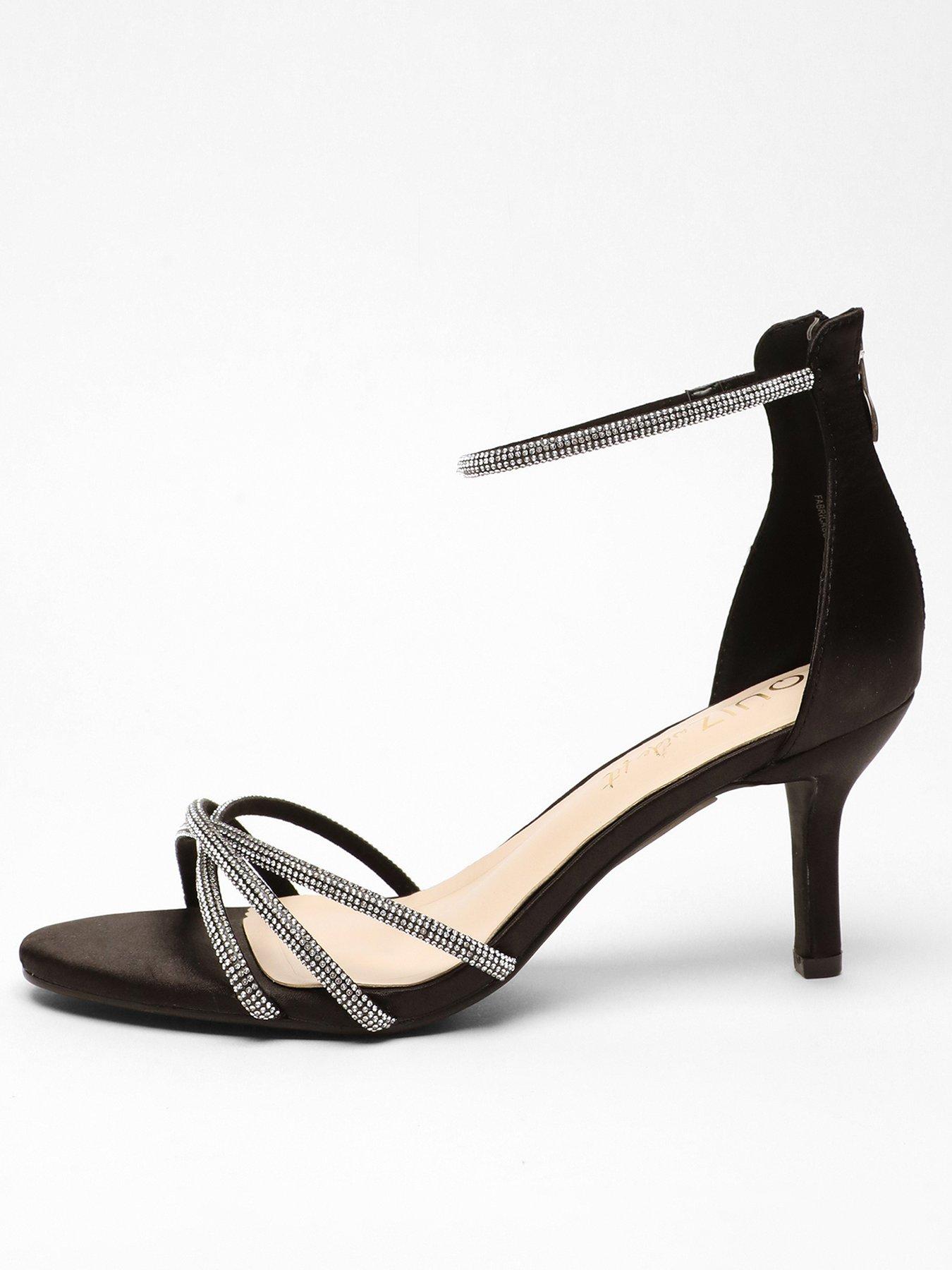 Quiz Wide Fit Black Satin Diamante Cross Strap Low Heels Littlewoods