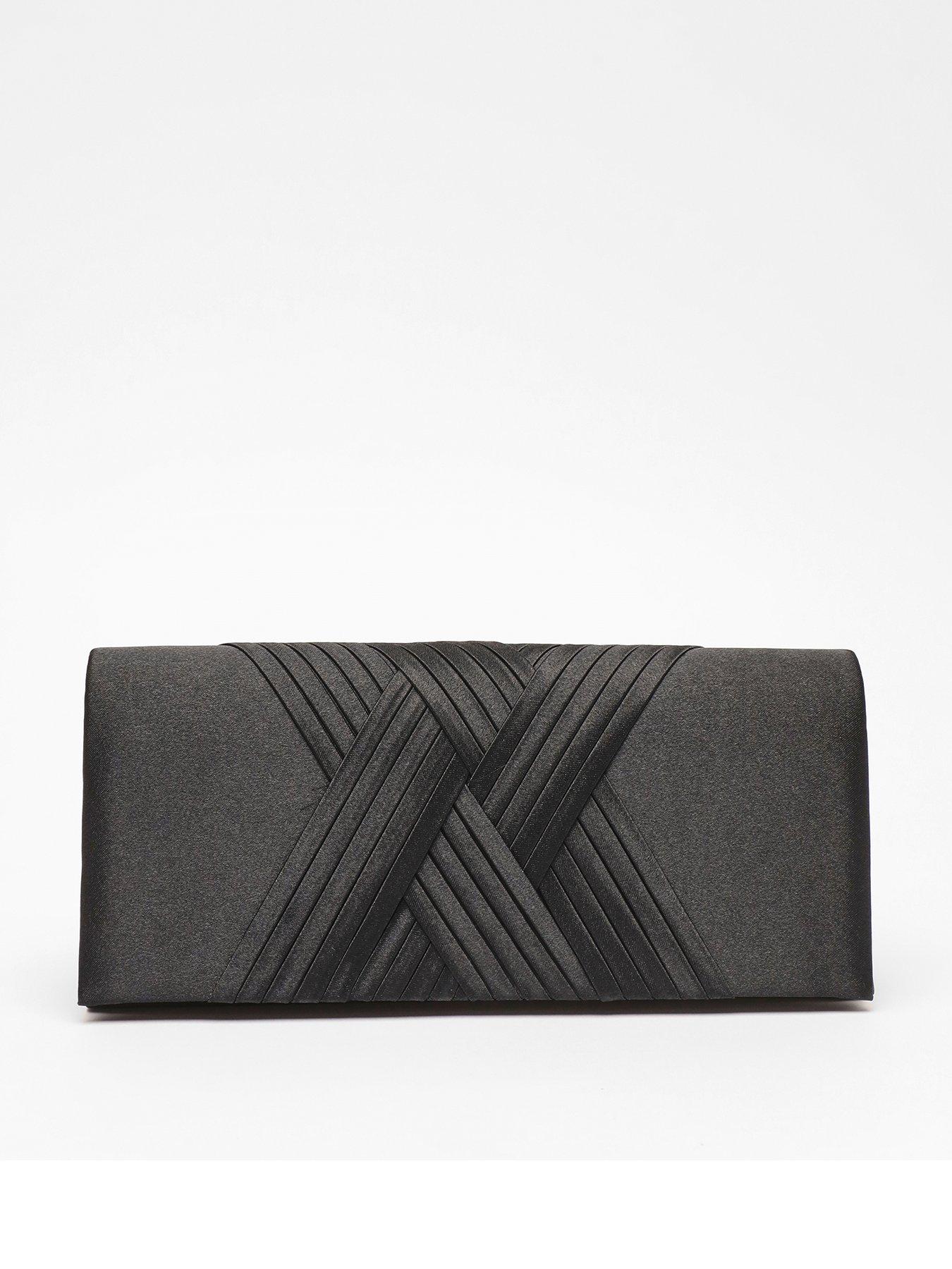Quiz Black Satin Cross Pleated Clutch Bag