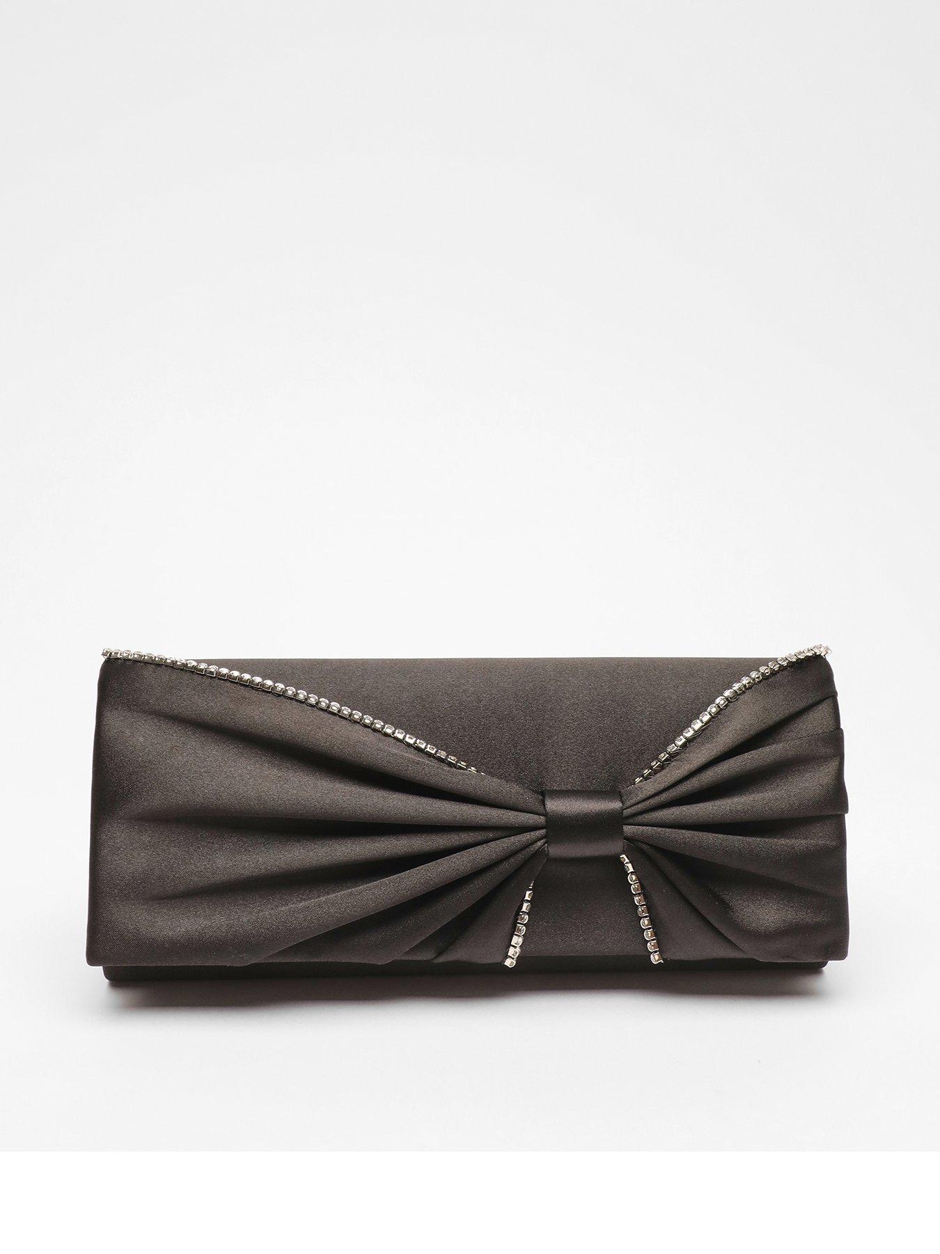 Quiz Black Satin Diamante Bow Clutch Bag