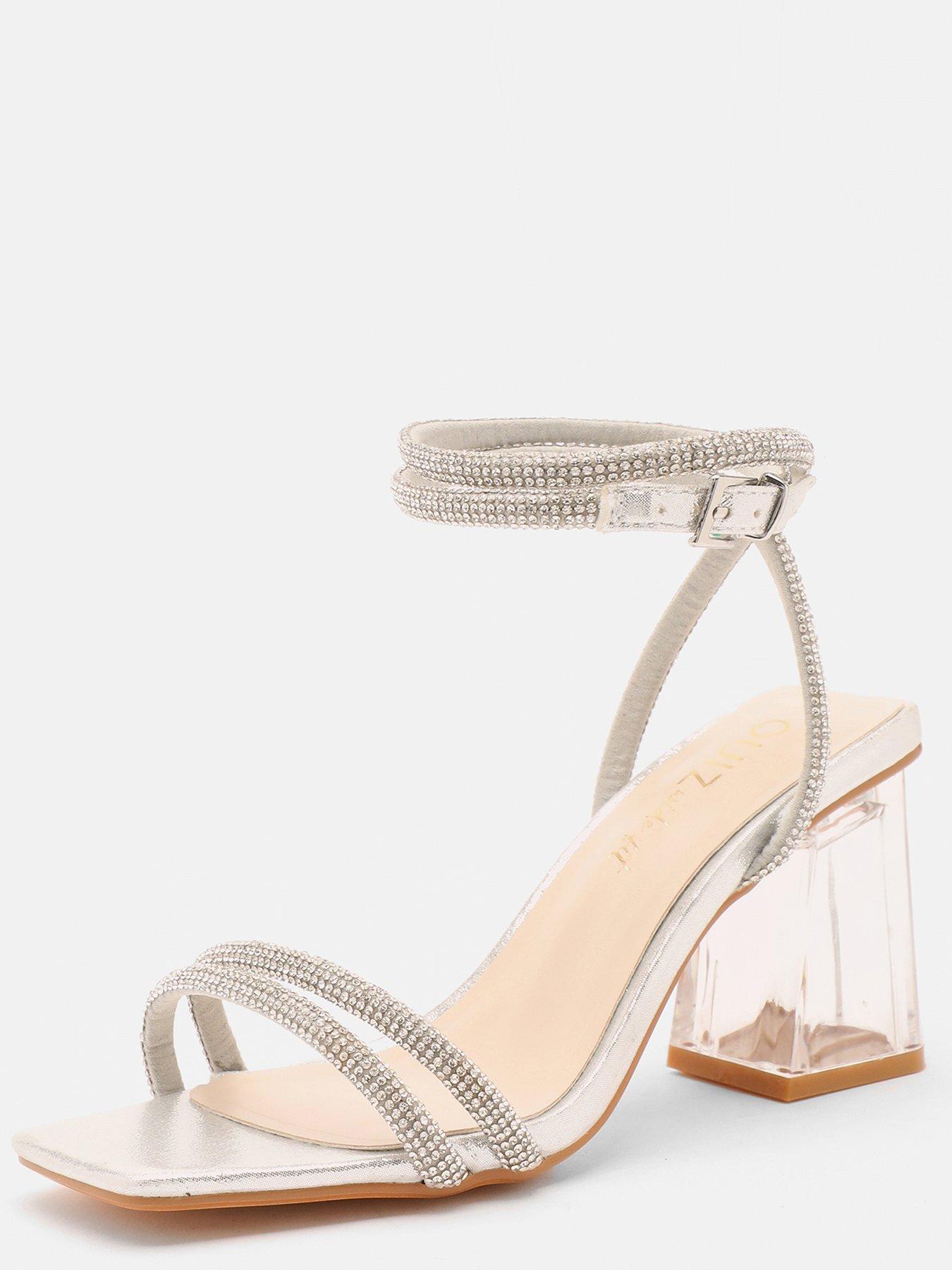 Quiz Wide Fit Silver Diamante Clear Block Heeled Sandals