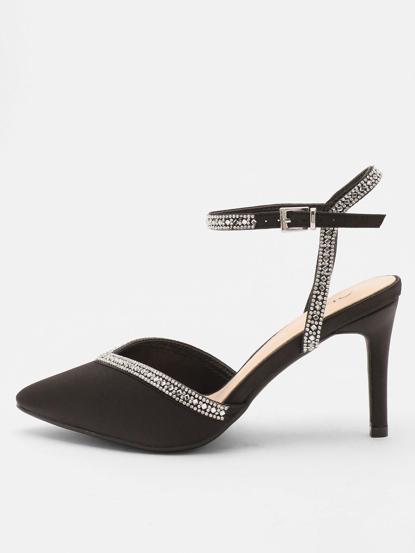 Quiz Wide Fit Black Satin Diamante Trim Court Heels Littlewoods