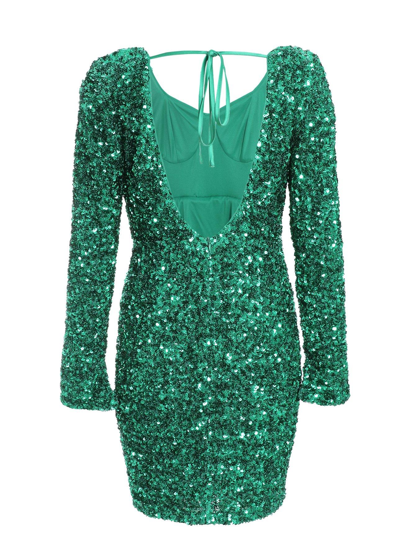 Quiz Jade Green Sequin Flute Sleeve Mini Dress | Littlewoods