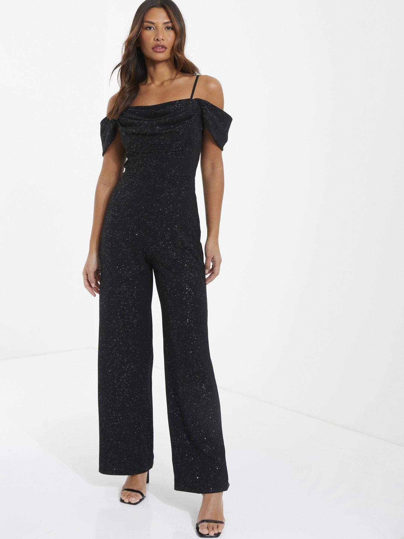 Black Glitter Drop Shoulder Palazzo Jumpsuit