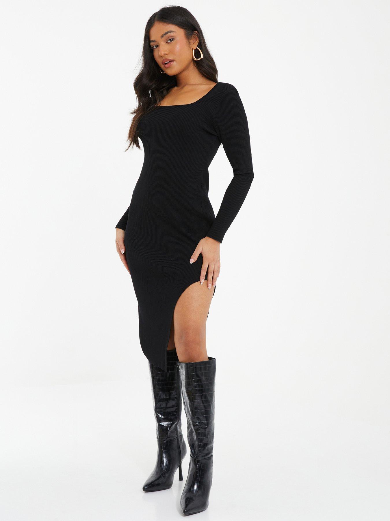 Quiz Petite Black Knit Long Sleeve Bodycon Midi Dress | Littlewoods