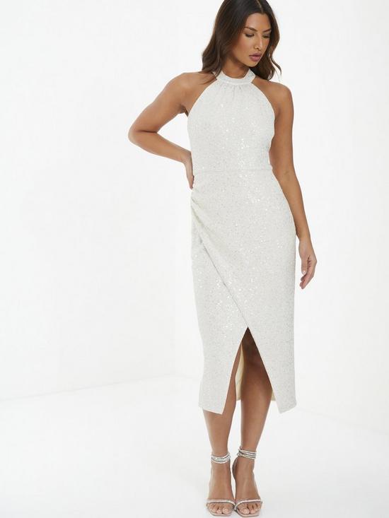 Quiz White Sequin Wrap Midi Dress | littlewoods.com