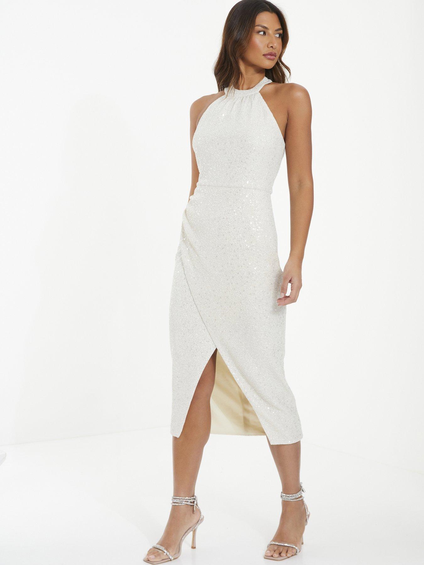 White Sequin Wrap Midi Dress